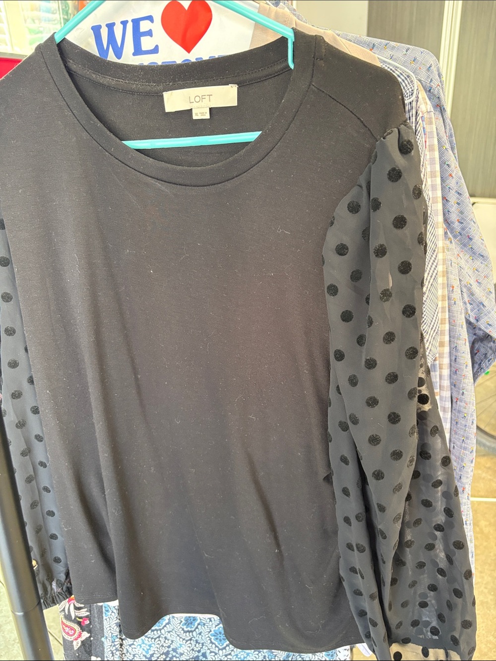 LOFT Black Knit Top with Sheer Polka Dot Sleeves